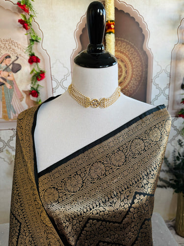 Banarasi Katan Brocade Pure Silk Saree | Black | Gold Zari | Handwoven | Silk Mark Certified | Ships from California